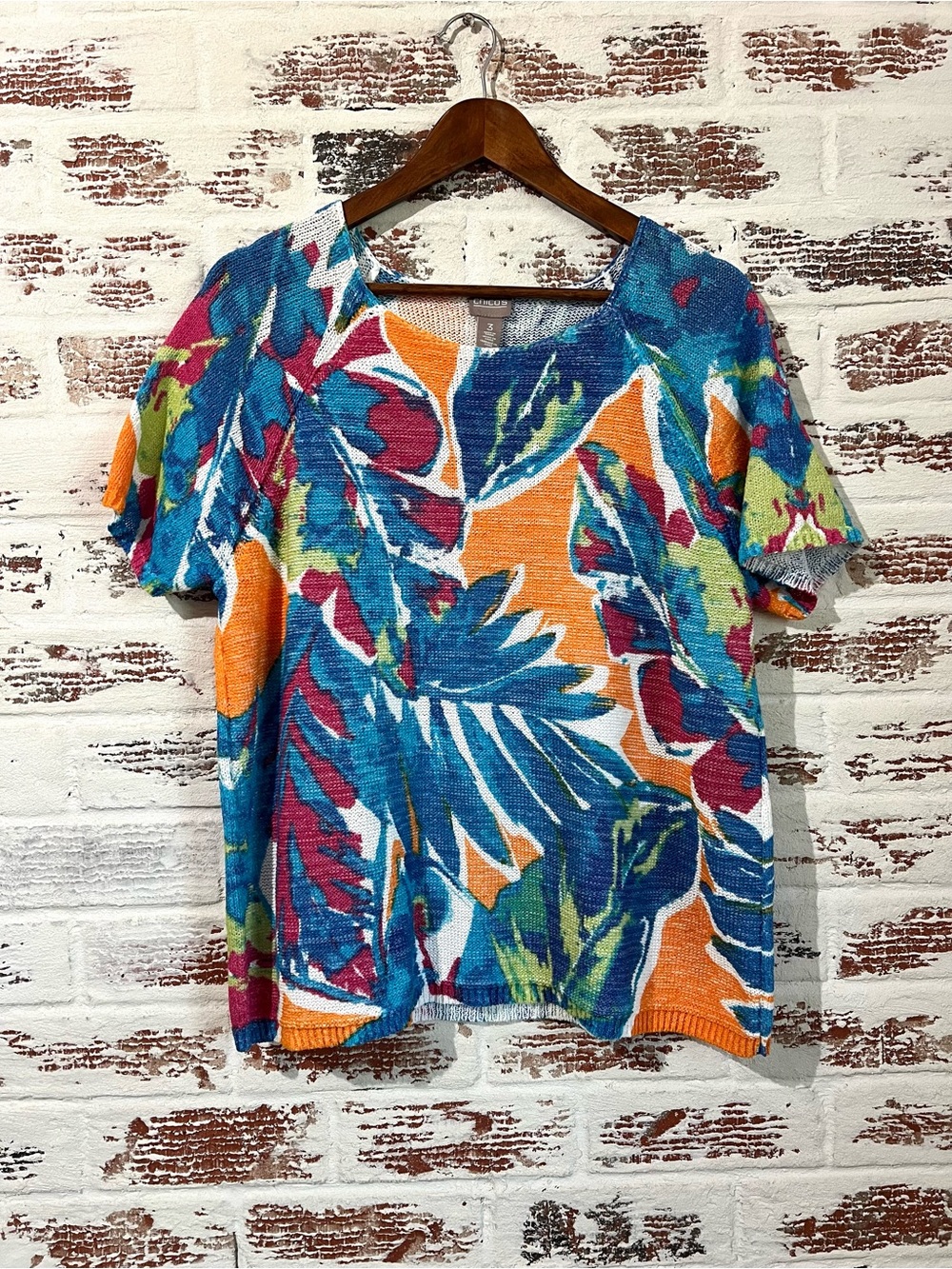 Chico's Tropical Palm Leaf Sweater Knit Short Sleeve Top Colorful Size 3 (XL/16)